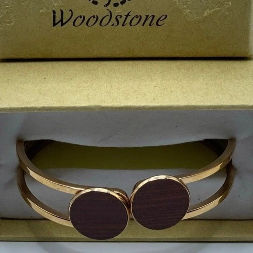 Woodstone Boho Rose Gold Genuine Wood Bracelet Minimalist Cuff Bangle NIB Chic